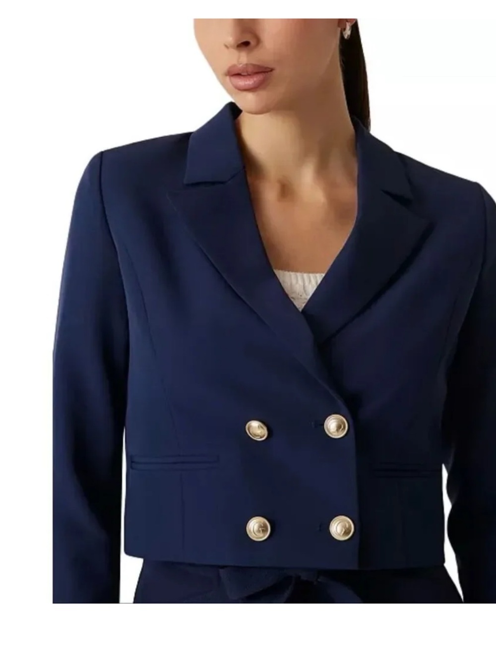 Guess Eco Andree Double Breasted Cropped Blazer Navy Medium NWT